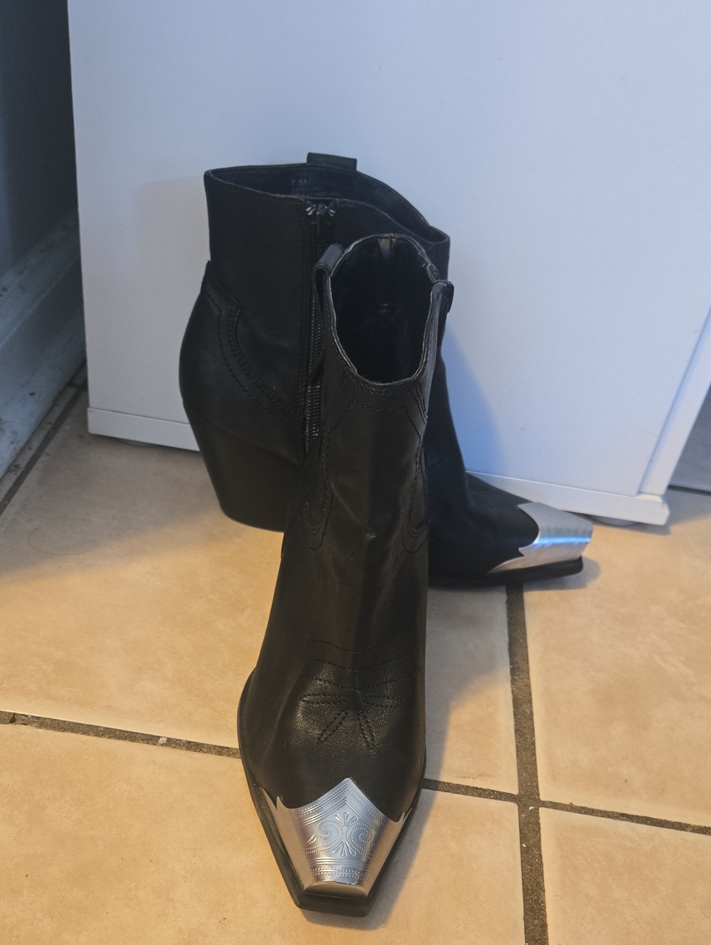 Pointed Black Ankle Boots with Silver Toe Cap